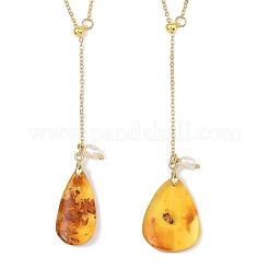 Collier sautoir en forme de larme avec pendentif en ambre naturel&nbsp;NJEW-JN06607