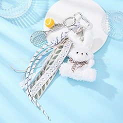 Подвеска в виде теннисной ракетки из полиэфирной веревки и сплава и плюшевого кролика HJEW-JM04385-02