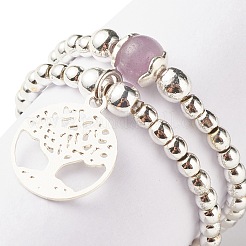 2 шт. 2 стильных кольца с бусинами из натурального лавандового аметиста и синтетического гематита с латунными подвесками в виде дерева жизни RJEW-JR00474-04