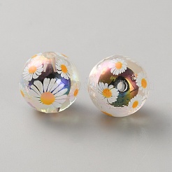 UVメッキプリント透明アクリルビーズ  二層ビーズ  虹色  デイジー模様の丸い  カラフル  15.5mm  穴：2.5mm&nbsp;LS-TACR-WH0013-19A