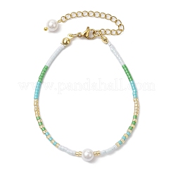 女性用ガラスシードビーズブレスレット  シェルパール＆真鍮ビーズ付き  グリーン  7-1/8インチ（18cm）&nbsp;BJEW-MZ00134-02
