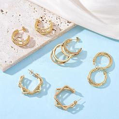 女性用ステンレススチール多層スクエアスタッドピアス  ゴールドカラー  33x27x8mm  ピン：0.7mm&nbsp;JE1103A