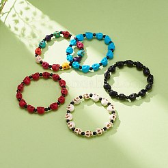 Natürlicher Mashan-Jade-Totenkopf und synthetisches türkisfarbenes (gefärbtes) Perlen-Stretch-Armband&nbsp;BJEW-JB08377