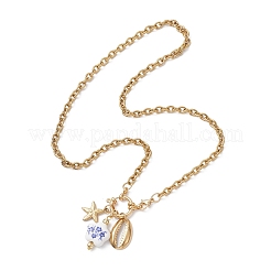 Женские ожерелья с подвесками в виде морских звезд и ракушек из белого и синего фарфора и нержавеющей стали 304 NJEW-JN05648