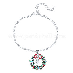 クリスマスリースとクリスマスベルの合金チャームブレスレット  女性用アズキチェーンブレスレット  ラインストーン付き  プラチナ  130mm&nbsp;WG06691-05