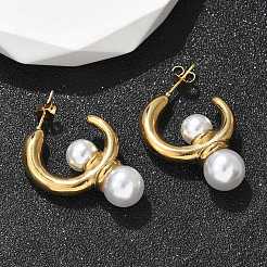 Серьги-гвоздики из нержавеющей стали 304 и пластика ABS с имитацией жемчуга в форме полукольца EJEW-S253-19G