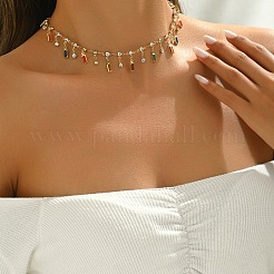 Bunte rechteckige Quasten-Choker-Halsketten aus Messing mit Strassen in Regenbogenfarben für Damen&nbsp;WG894E5-01