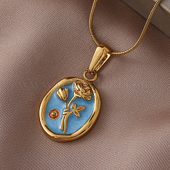 Ожерелья с подвеской в виде овала с цветком из нержавеющей стали 304 для женщин&nbsp;WT6363