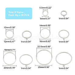 100個 5スタイル 304ステンレススチール リンキングリング  丸いリング  ステンレス鋼色  8~25x1mm  内径：5.5~22.5mm  20個/スタイル&nbsp;STAS-DC0008-92