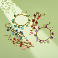 合金エナメルチャームブレスレット  ガラスパールビーズ付き  304ステンレススチール製ロブスタークロウ留め金とチェーン  ミックスカラー  ペンダント：11~28x7.5~21x1.5~8mm  7-1/2インチ（19cm）&nbsp;BJEW-JB08707