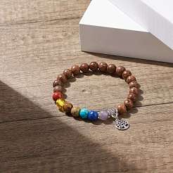 Bracelet extensible en perles rondes en bois naturel et pierres précieuses avec breloque arbre en alliage&nbsp;BJEW-JB08100