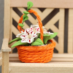 樹脂製バスケット付きポリマー粘土のユリのミニチュア装飾品  マイクロランドスケープホームドールハウスアクセサリー  小道具の装飾のふりをする  オレンジ  33x41mm&nbsp;PW-WG87F42-01