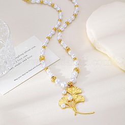 Colliers pour femmes avec pendentif feuille de ginkgo en acier inoxydable 304 et perles d'imitation&nbsp;WG458B2-01