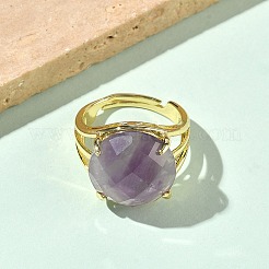 真鍮のカフオープンリング  天然アメジストと  ラウンド  多面カット  ラックめっき  長持ちメッキ  ゴールドカラー  18mm&nbsp;RJEW-D347-05G-15