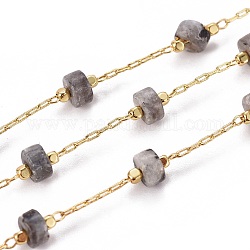 3.28 Fuß handgefertigte natürliche Labradorit-Perlenketten, mit Messingketten, langlebig plattiert, gelötet, golden, 5.5~6 mm, llink: 5.5~6x4~4.5mm und 2x1x0.2mm