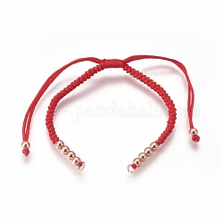 Fabrication de bracelets de perles tressées en nylon, avec des perles en laiton, Plaqué longue durée, Véritable plaqué or rose, rouge, 10-1/4 pouce ~ 11-5/8 pouces (26~29.6 cm)