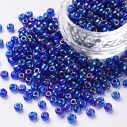 6/0 perles de rocaille rondes en verre, couleurs transparentes arc, trou rond, bleu, 6/0, 4mm, Trou: 1.5mm, environ 500 pcs/50 g, 50 g / sac, 18 sacs/2 livres