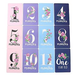 Papier 1~12 mois nombre thèmes de fleurs ensembles de cartes jalon bébé, pour une couverture de mois ou des accessoires de photographie, rectangle, couleur mixte, 153x102x0.4mm, 12 pièces / kit