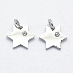 316 Surgical Stainless Steel Pendants, with Cubic Zirconia, Long-Lasting Plated, Star, Clear, Stainless Steel Color, 10.5x12x1.5mm, Hole: 3mm