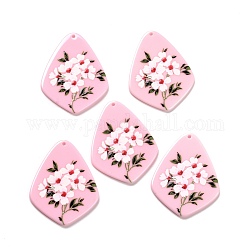Printed Opaque Acrylic Pendants, Petal with Flower Pattern, Pink, 44x34.5x2.5mm, Hole: 1.8mm