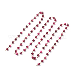 Chaînes de perles teintées et chauffées à la main en œil de tigre naturel de 3.28 pied, avec accessoires en 304 acier inoxydable, non soudée, or, support violet rouge, 14x6.5mm