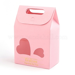 Rechteckige Papiertüten mit Griff und klarem Schaufenster in Herzform, für die Bäckerei, Plätzchen, Süßigkeiten, Geschenkbeutel, rosa, 6x10x15.4 cm