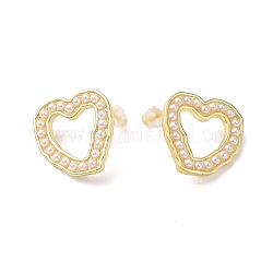 Aretes de perlas de imitación de plástico con forma de corazón hueco, joyería de latón chapado en rack para mujer, sin plomo y el cadmio, real 18k chapado en oro, 19x20mm, pin: 1 mm