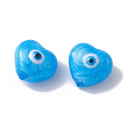Perles en verre, avec l'émail, coeur avec motif mauvais œil, bleu profond du ciel, 10.5x11x7mm, Trou: 1mm