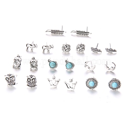 10 Pairs 10 Style Feather & Crown & Owl & Moon Synthetic Turquoise Stud Earrings, Alloy Jewelry for Women, Antique Silver, 10~21mm, 1 Pair/style