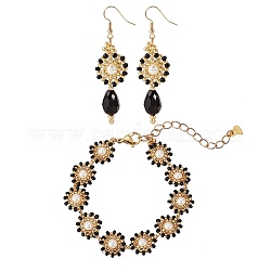 Ensembles de boucles d'oreilles pendantes rondes plates et de bracelets en perles tressées avec perles de coquillage et graines de verre, ensemble de bijoux en fil de laiton pour femme, noir, 6-1/2 pouce (170 mm), 67mm, pin: 0.8 mm