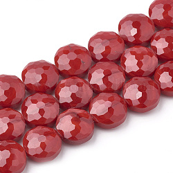 Opaque Solid Color Glass Beads Strands, Faceted, Flat Round, Red, 14x8mm, Hole: 1~1.2mm, about 25pcs/strand, 13.77 inch(35cm)