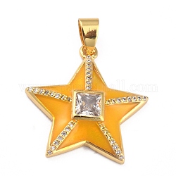 Brass Micro Pave Clear Cubic Zirconia Pendants, with Enamel, Long-Lasting Plated, Real 18K Gold Plated, Star, Orange, 25.5x24.5x5mm, Hole: 3.5x5.5mm
