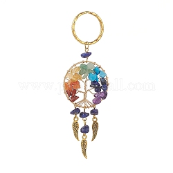 Porte-clés lapis lazuli naturel, avec porte-clés fendus, breloques d'ailes en alliage et anneaux de liaison arbre de vie en pierres précieuses mélangées, 11.2 cm