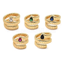 Cubic Zirconia Teardrop Cuff Rings, Rack Plating Real 18K Gold Plated Brass Wrap Ring, Cadmium Free & Lead Free, Mixed Color, US Size 8 1/2(18.5mm)