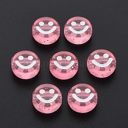 Transparente Acryl Perlen, mit Glitzerpulver, flach rund mit weißem Emaille-Smile-Gesicht, rosa, 10x5 mm, Bohrung: 2 mm, ca. 1450 Stk. / 500 g