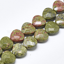 Natural Unakite Beads Strands, Faceted, Heart, 14.5~15x15~15.5x7~8mm, Hole: 1.2mm, about 14pcs/strand, 7.6 inch