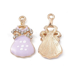 Colgantes de aleación de Diamante de imitación, con esmalte, vestido con lazo y estampado de lunares, dorado, lila, 27x13x3mm, agujero: 2 mm