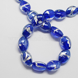 Perles en verre d'argent feuille manuelles, ovale, bleu, 20x16x9mm, Trou: 2mm