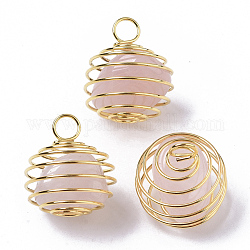 Eiserne Spiralperlenkäfiganhänger, mit natürlichen Rosenquarzperlen im Inneren, Runde, golden, 21x24~26 mm, Bohrung: 5 mm