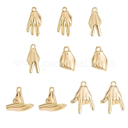 10Pcs 5 Style Brass Charms, Nickel Free, Plam, Gesture Language, Finger Heart & Victory &Hold Fist Salute, Real 18K Gold Plated, 9.5~13.5x6~10.5x4~8mm, Hole: 1~1.2mm, 2pcs/style
