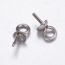 304 tasse en acier inoxydable perle peg bails pin pendentifs, pour la moitié de perles percées, couleur inoxydable, 7x4mm, Trou: 1.5mm, pin: 0.7 mm