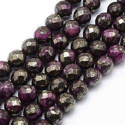 Perles de pyrite naturelle teintées, facette, ronde, magenta, 8mm, Trou: 1mm, Environ 50 pcs/chapelet, 15.7 pouce (40 cm)
