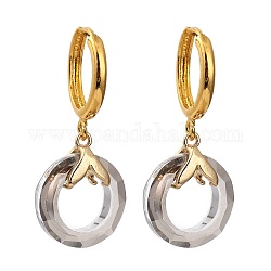 Brass Huggie Hoop Earring, with Glass Pendants, Ring, Golden, Light Grey, 31mm, Pin: 1mm