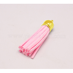 Golden Brass Suede Tassels for Cell Phone Straps Making, Pink, 55~65x12mm, Hole: 1.5mm