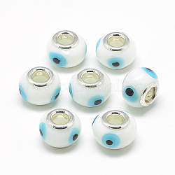 Handmade Evil Eye Lampwork European Beads, with Brass Double Cores, Large Hole Beads, Rondelle, Platinum, White, 14~15x10~11mm, Hole: 5mm