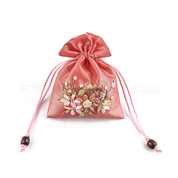 Sacchetti per imballaggio di gioielli in raso con motivo floreale, sacchetti regalo con coulisse, rettangolo, pomodoro, 14x10.5cm