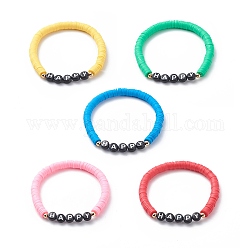 5шт 5 цвета ручной полимерной глины диска серфер стрейч браслеты набор, Word Happy акриловые опрятные браслеты для женщин, разноцветные, внутренний диаметр: 2-1/8 дюйм (5.5 см), 1 шт / цвет