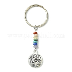 Porte-clés pendentif arbre de vie en alliage, avec perle de pierre précieuse chakra et porte-clés fendus en fer, plat rond, 6.6 cm, pendentif: 19x15x1.5 mm