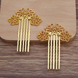 Iron Hair Comb Findings, with Alloy Flower, Golden, 25x44mm
