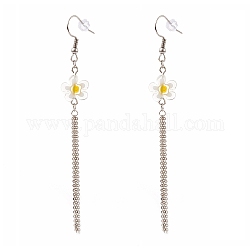 Millefiori Glass Flower Dangle Earrings, Chain Tassel Earrings, with 304 Stainless Steel Earring Hooks and Ear Nuts, White, 90mm, Pin: 0.7mm